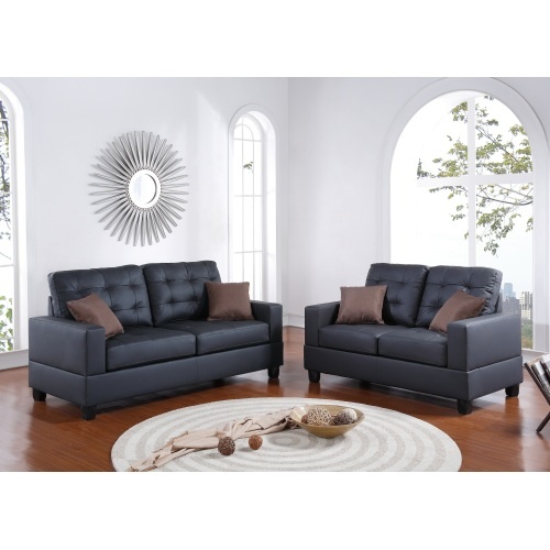 Living Room Furniture 2pc Sofa Set Black Faux Leather Tufted Sofa Loveseat W Pillows Cushion Couch - Image 4
