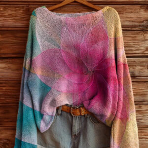 Women's Casual Sweater - Bright Floral Print, Long Sleeves, High Collar, Loose Fit, Elegant Pullover For Fall And Winter