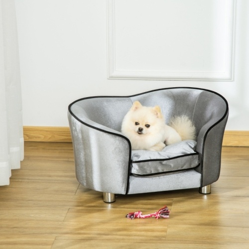 PawHut Dog Sofa Pet Chair, Kitten Bed Couch W Wooden Frame, Removable Cushion - Silver-Tone And Grey only GB shipping