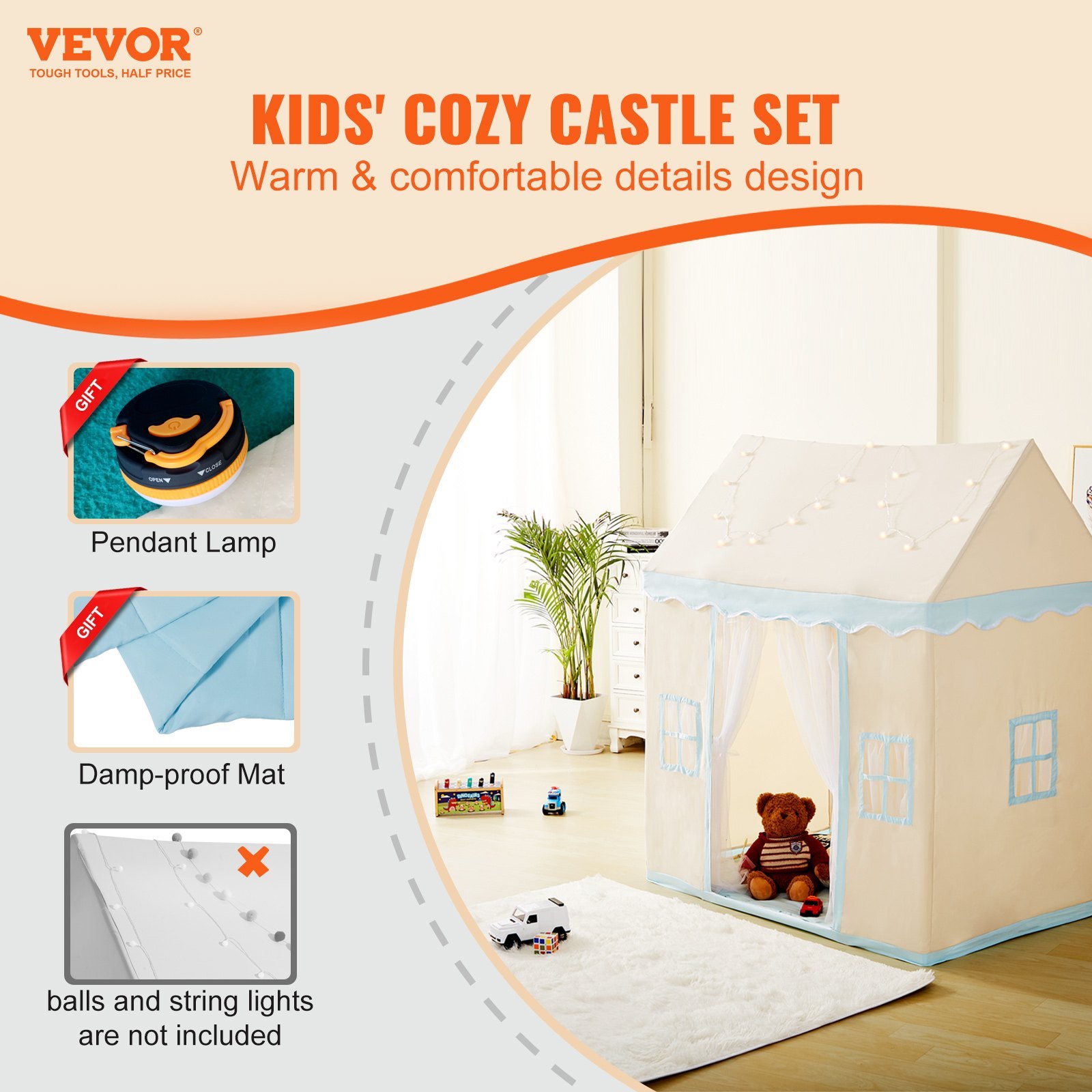 VEVOR Kids Play Tent, Kids Tent For Kids 1-5 Years Old, Toddler Tent With Mat And Tent Lamp, Tent For Kids With Windows For Indoor And Outdoor, Play House Castle Tent For Boys And Girls, Beige only US shipping