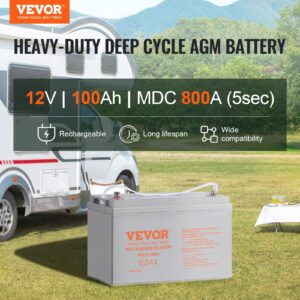 VEVOR Deep Cycle Battery, 12V100AH, AGM Marine Rechargeable Battery, High Self-Discharge Rate 800A Current, For RV Solar Marine Off-Grid Applications UPS Backup Power System