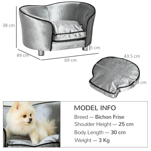 PawHut Dog Sofa Pet Chair, Kitten Bed Couch W Wooden Frame, Removable Cushion - Silver-Tone And Grey only GB shipping - Image 6
