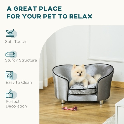PawHut Dog Sofa Pet Chair, Kitten Bed Couch W Wooden Frame, Removable Cushion - Silver-Tone And Grey only GB shipping - Image 5
