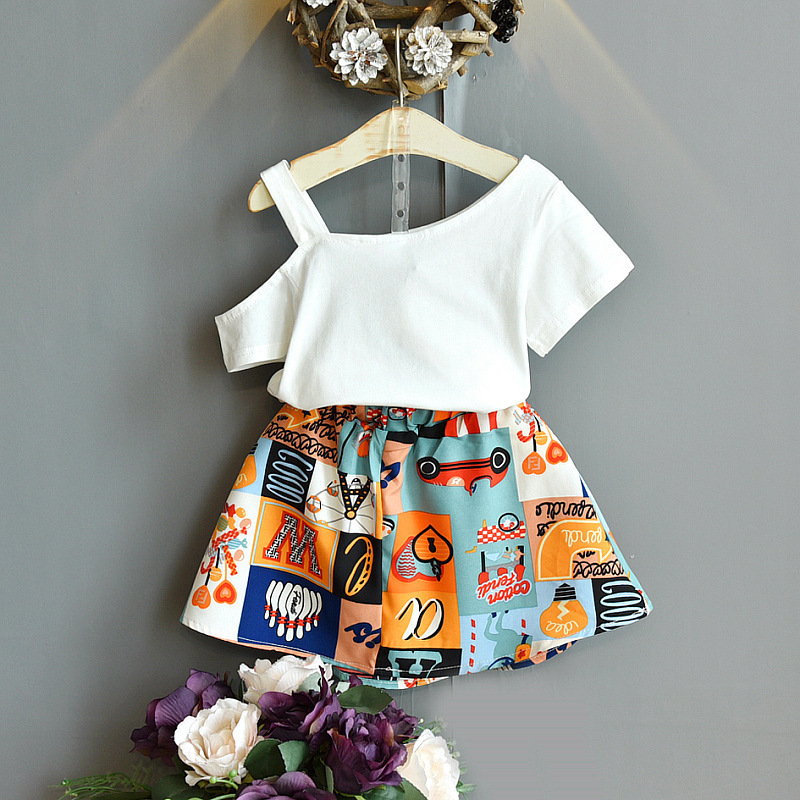 Summer Children's Clothing Korean Fashion Flower Lotus Leaf Collar Shirt Skirt Little Girl Clothing Suit Purple Children's Clothing - Image 2