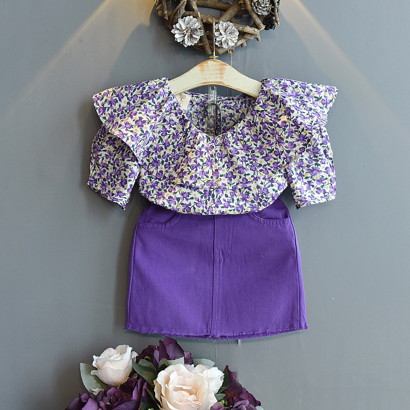 Summer Children's Clothing Korean Fashion Flower Lotus Leaf Collar Shirt Skirt Little Girl Clothing Suit Purple Children's Clothing - Image 5