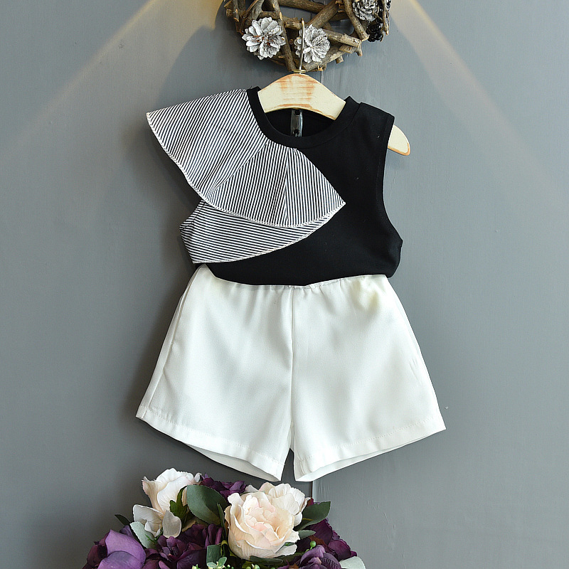 Summer Children's Clothing Korean Fashion Flower Lotus Leaf Collar Shirt Skirt Little Girl Clothing Suit Purple Children's Clothing - Image 3