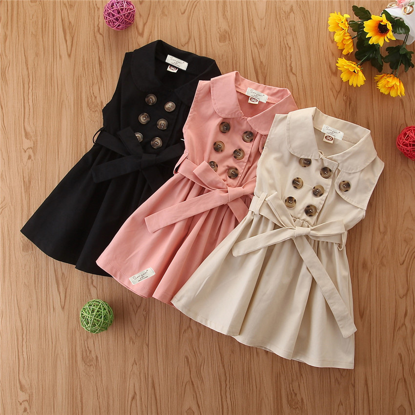 Summer Toddler Baby Girl Dress Kids Princess Casual Sleeveless Sash Button Party A-Line Dress Children Clothing 1-6Y small then usual size