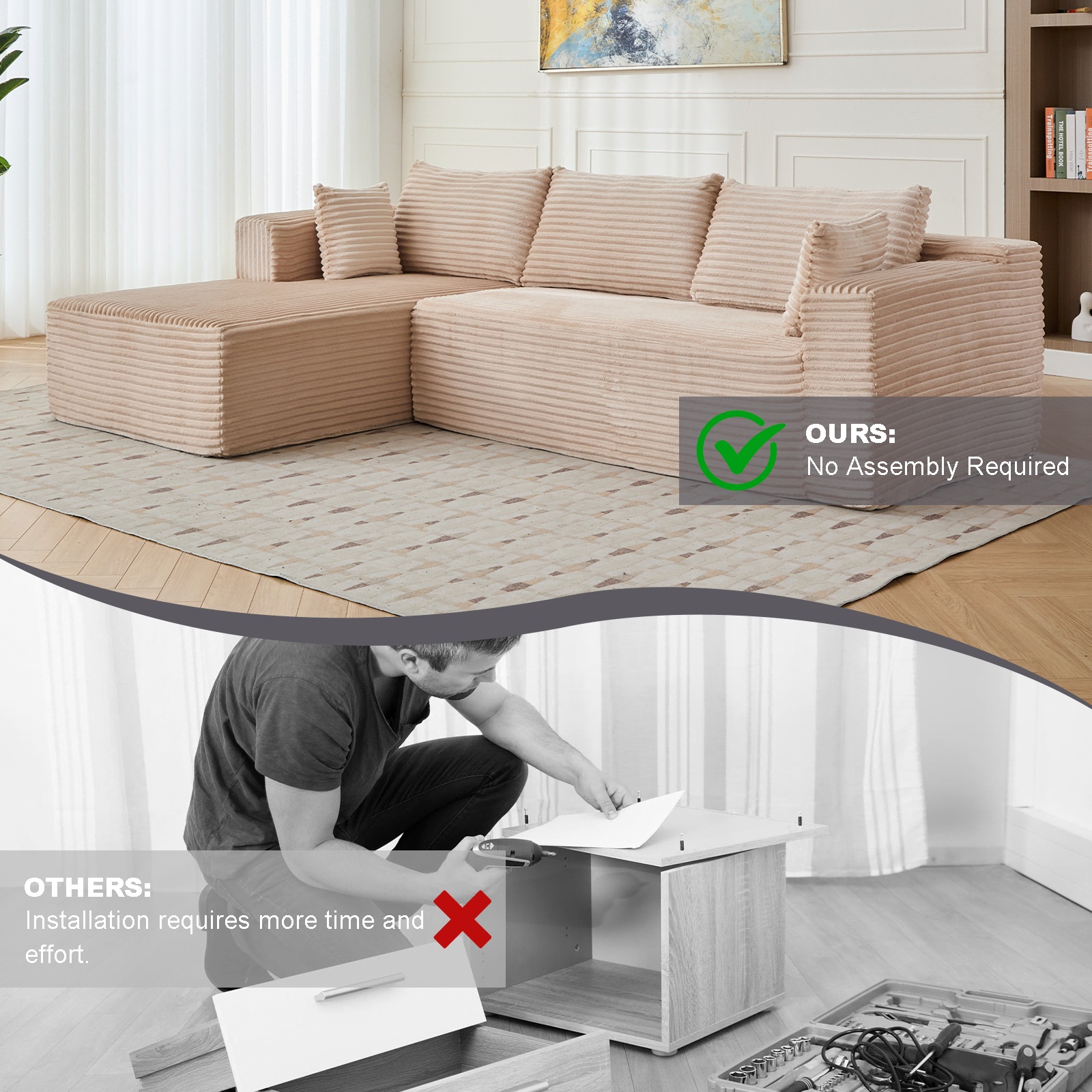 L-Shaped Compression Sofa Bed, Convertible Sectional Sofa With Pillow Back Support - Foldable Floor Couch Lounger, Corduroy Fabric Futon Sleeper For Living Room, Bedroom, Game Room NO TEMU - Image 6