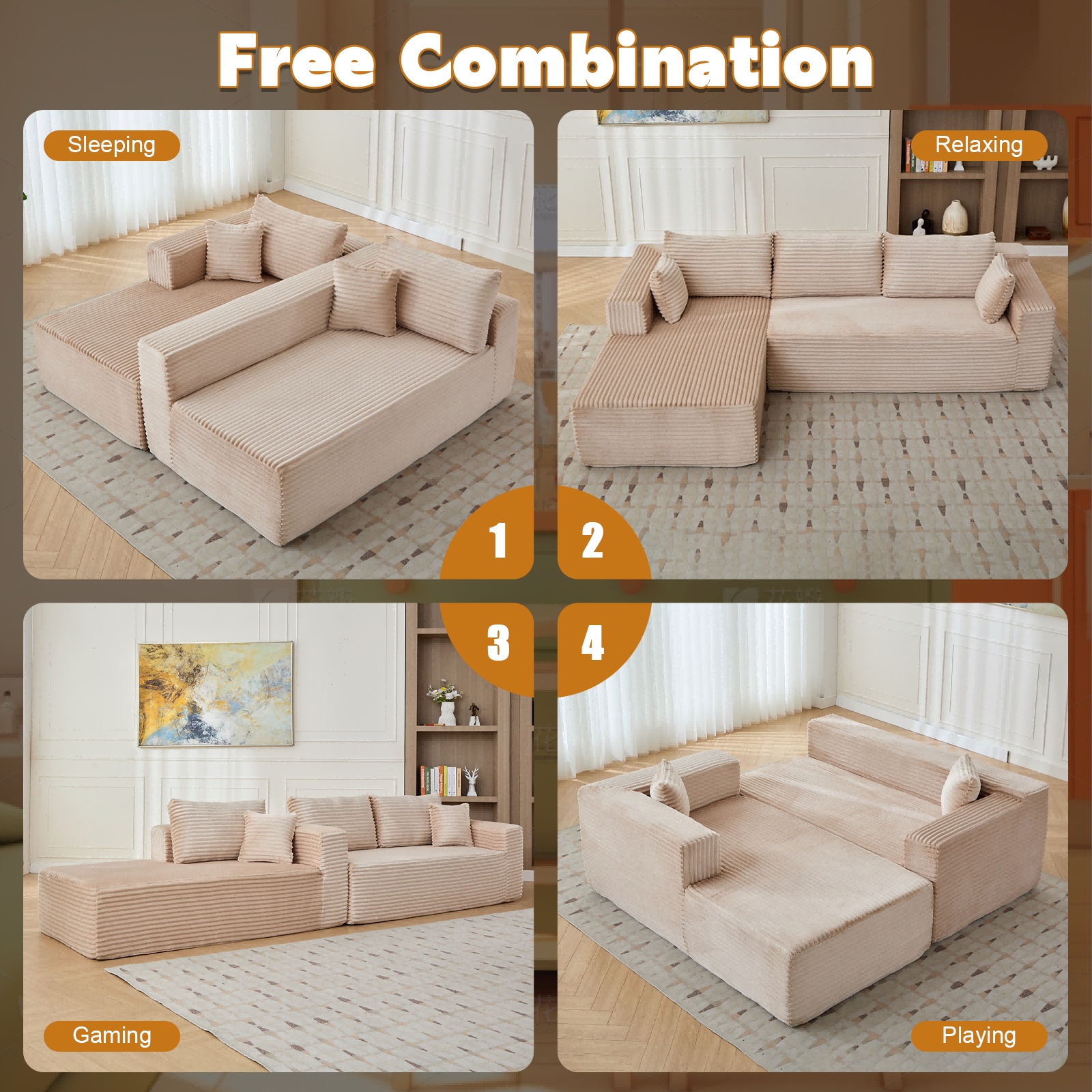 L-Shaped Compression Sofa Bed, Convertible Sectional Sofa With Pillow Back Support - Foldable Floor Couch Lounger, Corduroy Fabric Futon Sleeper For Living Room, Bedroom, Game Room NO TEMU - Image 5