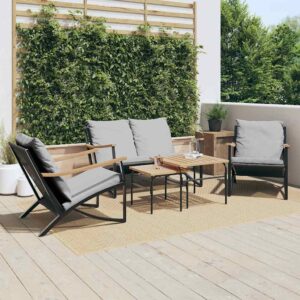5-Piece Balcony Furniture Set with Cushions Black Steel