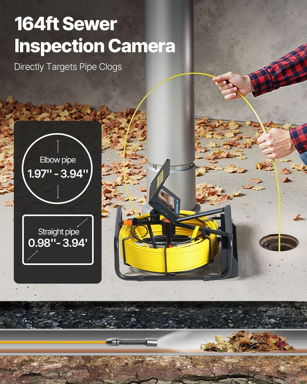Sewer Camera, Pipe Drain Inspection Camera With DVR Function And LED Lights, Waterproof IP68 Borescope, Industrial Endoscope For Home Wall Duct Drain Pipe Plumbing Without Wheels - Image 3