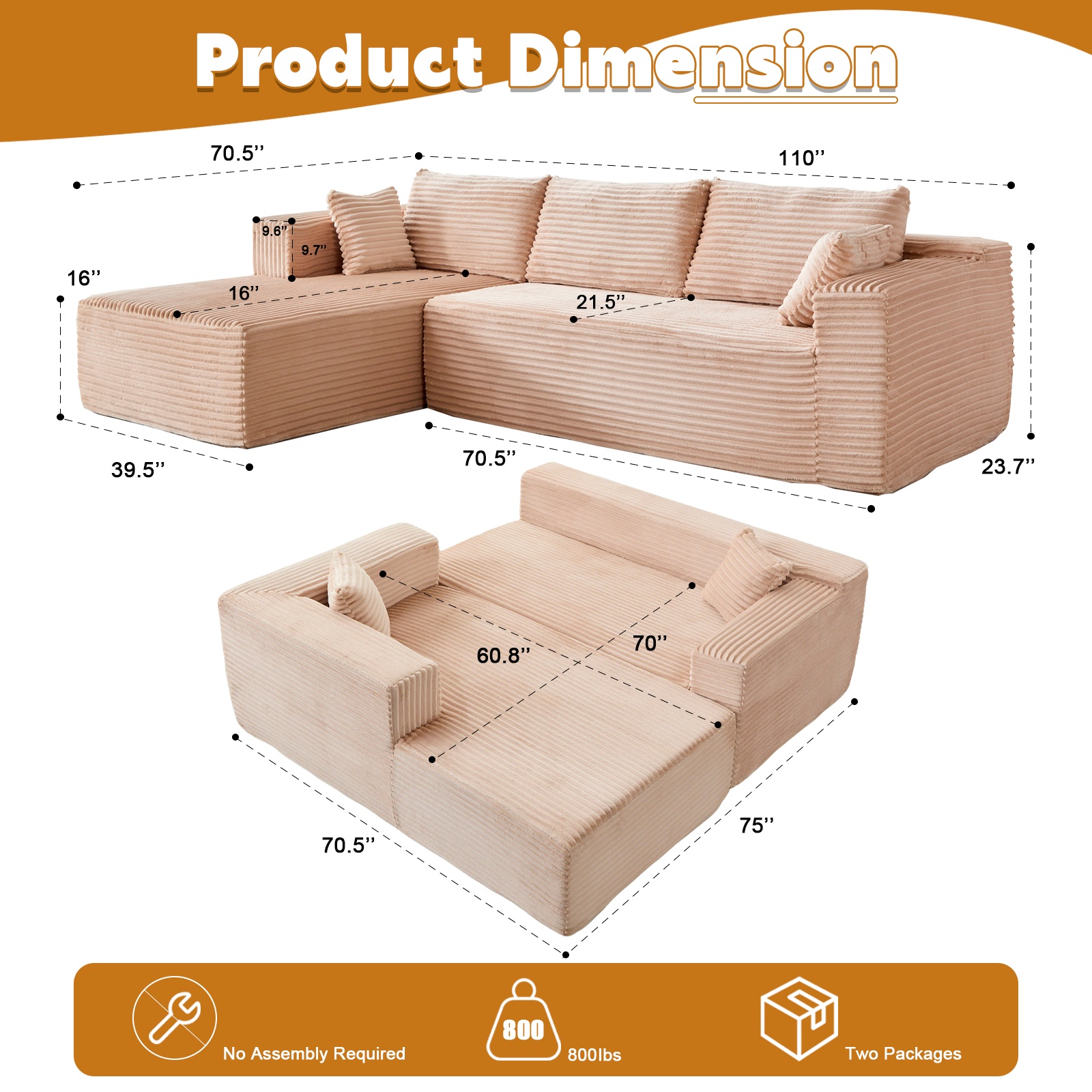 L-Shaped Compression Sofa Bed, Convertible Sectional Sofa With Pillow Back Support - Foldable Floor Couch Lounger, Corduroy Fabric Futon Sleeper For Living Room, Bedroom, Game Room NO TEMU - Image 4