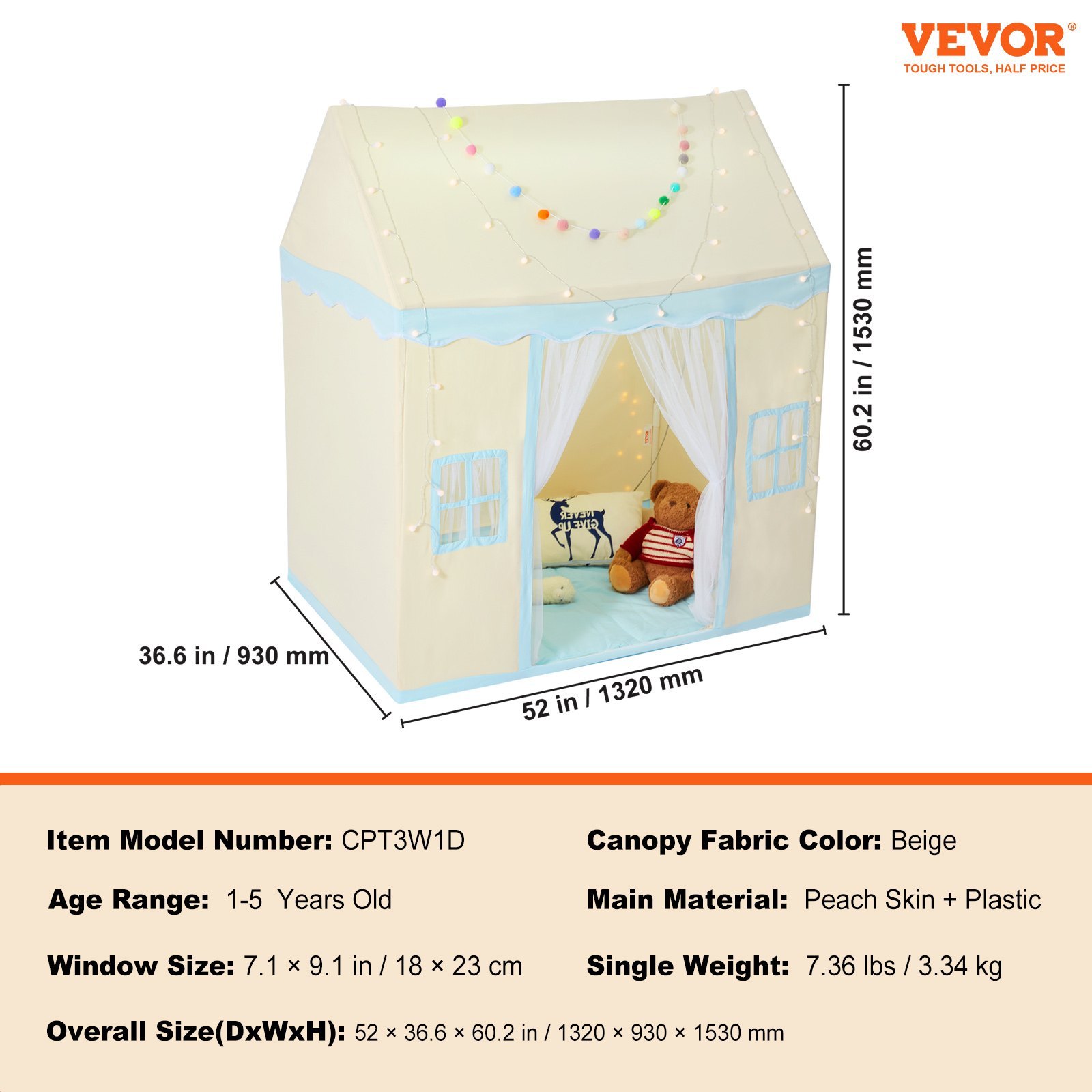 VEVOR Kids Play Tent, Kids Tent For Kids 1-5 Years Old, Toddler Tent With Mat And Tent Lamp, Tent For Kids With Windows For Indoor And Outdoor, Play House Castle Tent For Boys And Girls, Beige only US shipping - Image 4