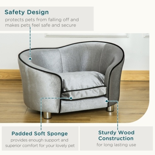 PawHut Dog Sofa Pet Chair, Kitten Bed Couch W Wooden Frame, Removable Cushion - Silver-Tone And Grey only GB shipping - Image 2