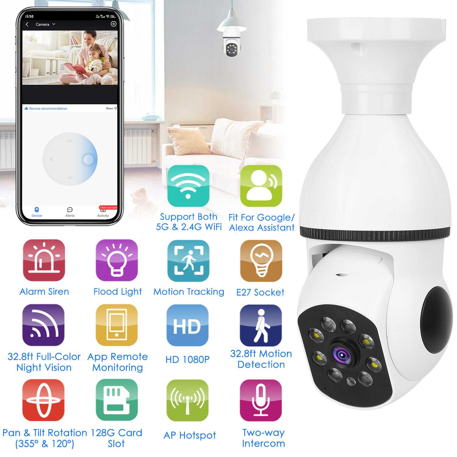 1Pc E27 WiFi Bulb Camera 1080P FHD WiFi IP Pan Tilt Security Surveillance Camera With Two-Way Audio Full Color Night Vision Flood Light Motion Tracking Siren Function APP Control
