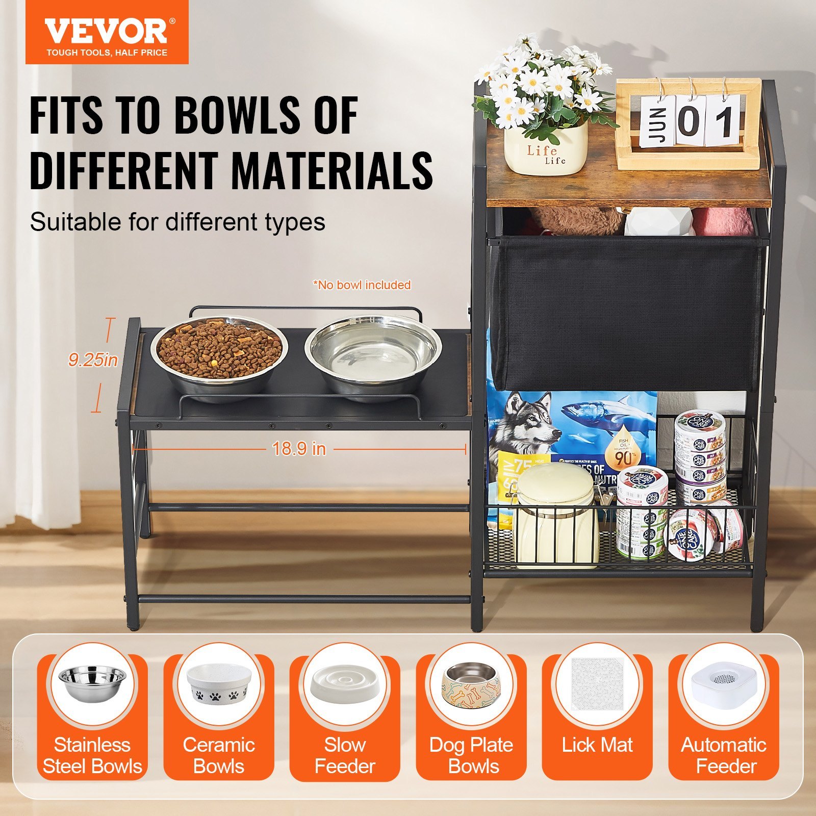Pet Feeding Station With Storage Dog Food & Toy Organizer Raised Dog Bowls no include plate