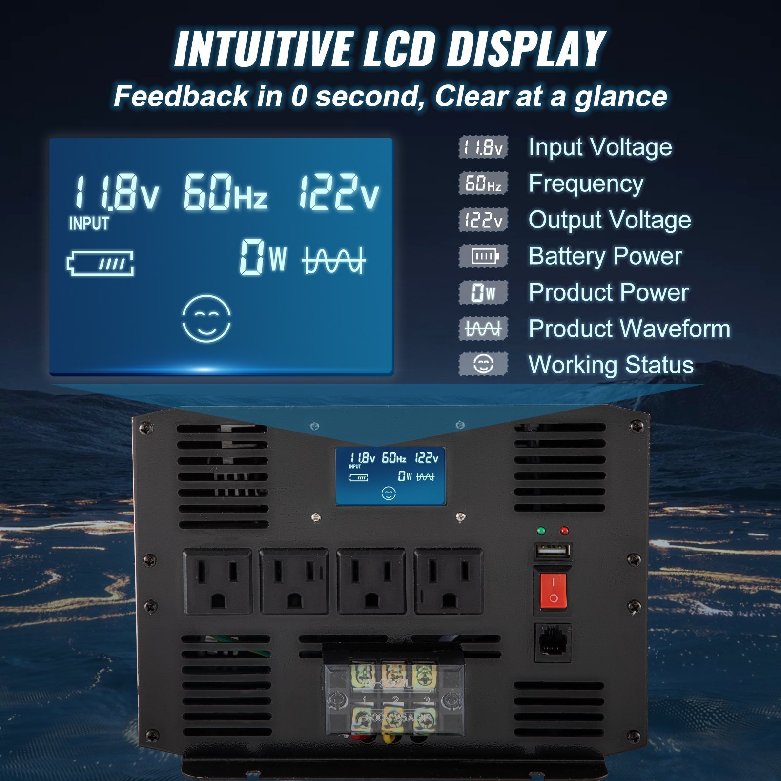 Pure Sine Wave Inverter 3500 Watt Power Inverter, DC 12V To AC 120V Car Inverter, With USB Port LCD Display Remote Controller And AC Outlets For RV Truck Car Solar System Travel Camping - Image 7