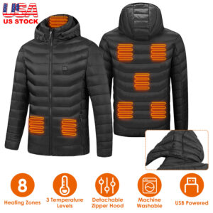 1Pc Heated Jacket Electric Heating Coat Lightweight Winter Hooded Jacket With 3-Level Heating Modes 8 Heating Zones Detachable Zipper Hood