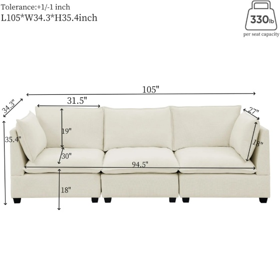 3-Piece Chenille Fabric Upholstered Living Room Furniture Set, Including 3-Seater Sofa AndV2 Loveseat Sofa With Seat And Back Cushion Beige White - Image 4