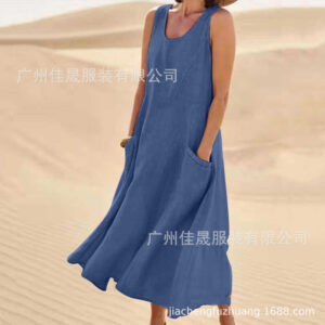 Pocket Sleeveless Round Neck Women's Cotton And Linen Dress