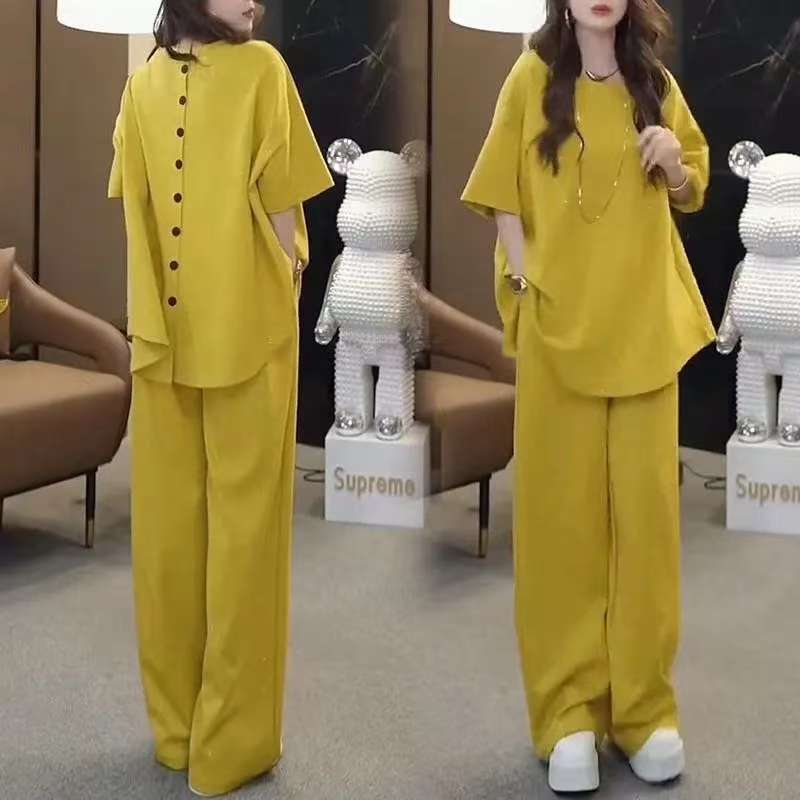 Women's Sequined Slimming Round Neck High Waist Wide Leg Pants Two-piece Set - Image 2