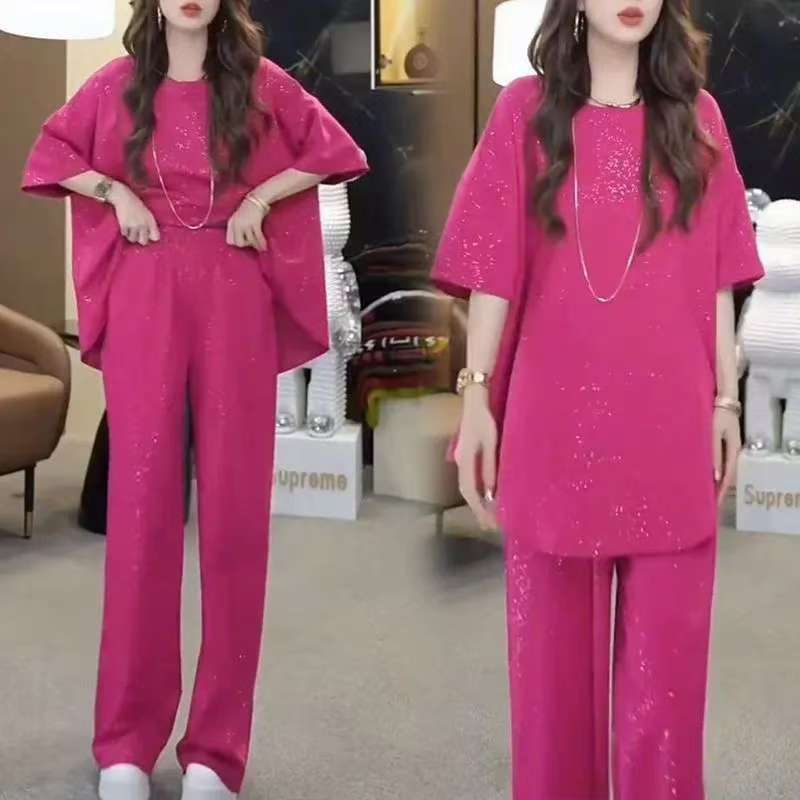Women's Sequined Slimming Round Neck High Waist Wide Leg Pants Two-piece Set - Image 3