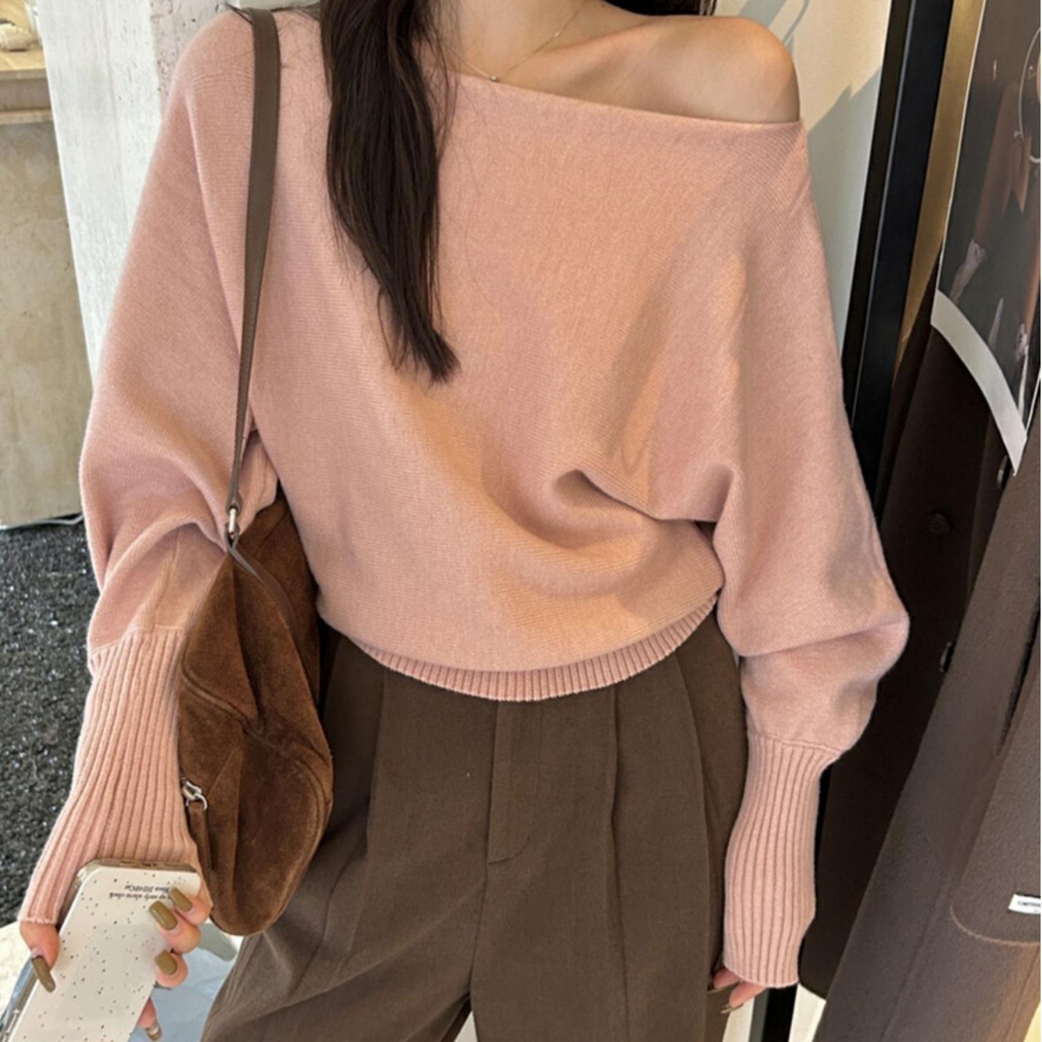 Gentle Off-shoulder Collar Lantern Sleeve Sweater Women - Image 9