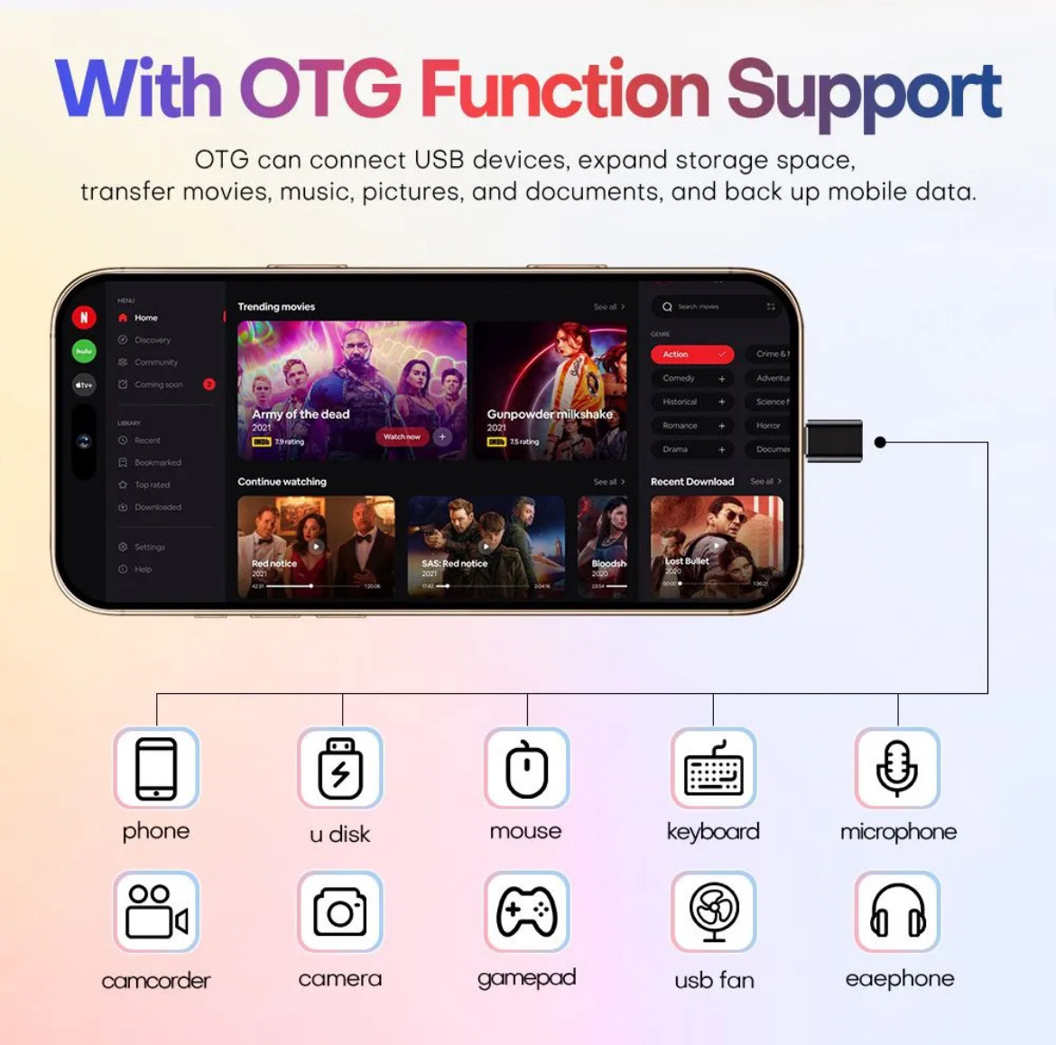 Teléfono celular compatible con función OTG USB sobre fondo neutro