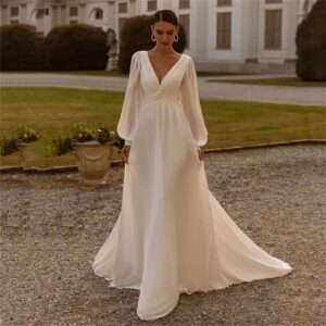 Bridal Chiffon Deep V Satin Long Sleeve Light Yarn Gown