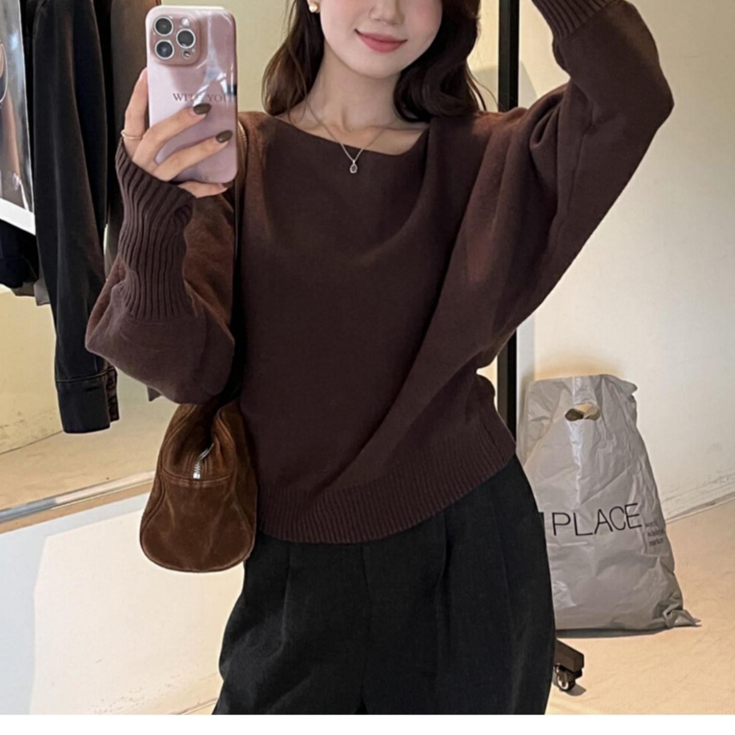 Gentle Off-shoulder Collar Lantern Sleeve Sweater Women - Image 8