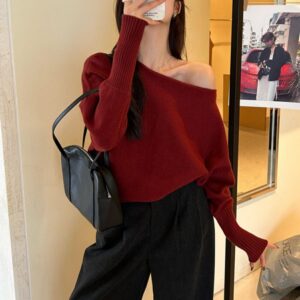 Gentle Off-shoulder Collar Lantern Sleeve Sweater Women