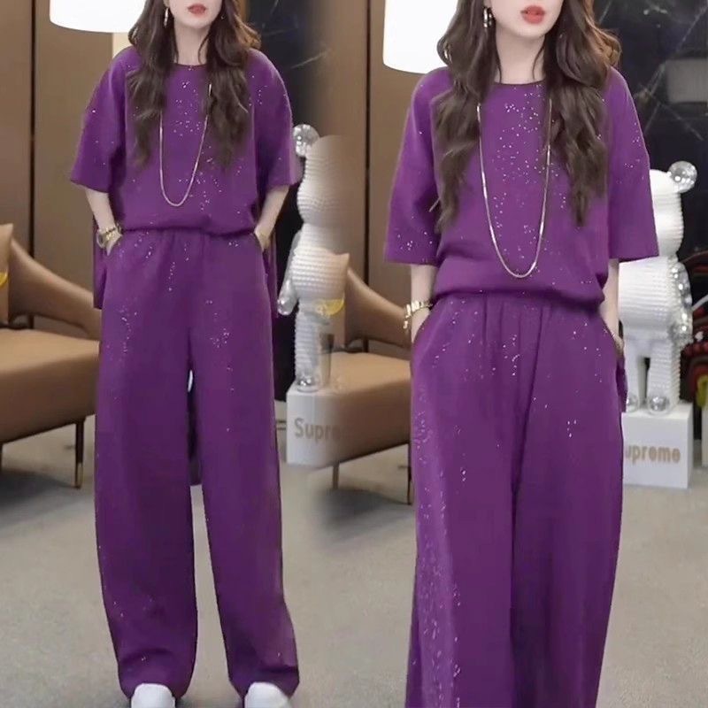 Women's Sequined Slimming Round Neck High Waist Wide Leg Pants Two-piece Set - Image 4